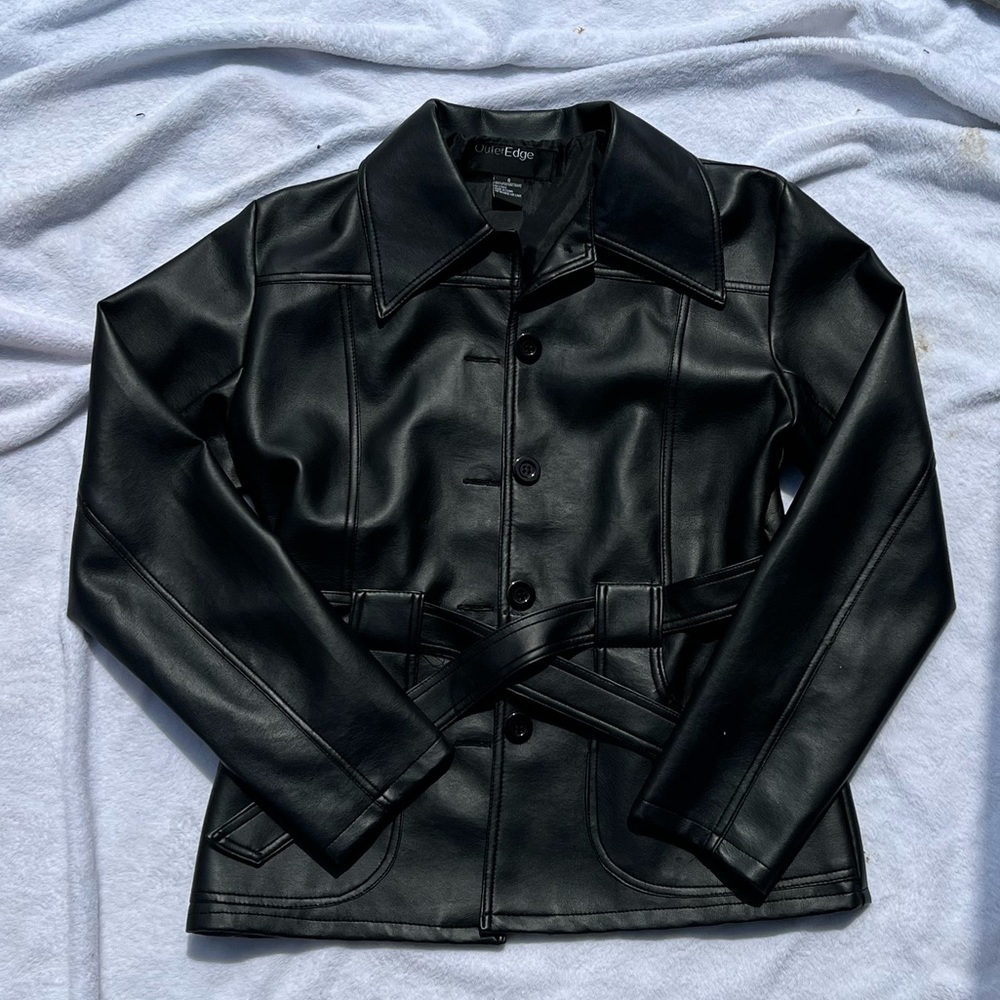 Vintage 90s Black Faux Leather Jacket with Waist Tie